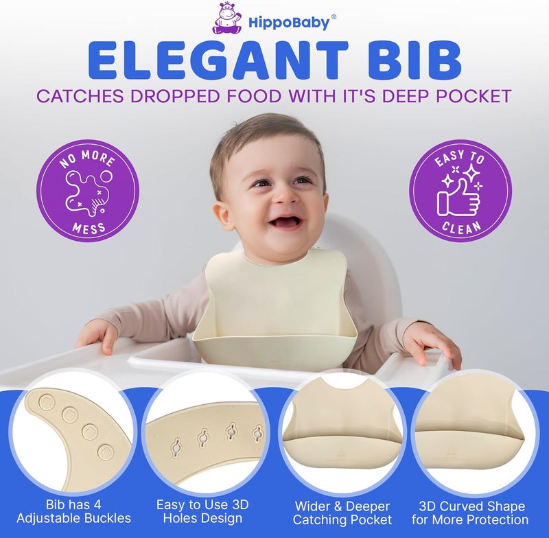HippoBaby Baby Led Weaning Supplies | 10 Piece Silicone Baby Feeding Set | Baby Toddler Bib Cup Divided Plate and Bowl Self Feeding Spoons Dish Set | Baby Utensils | Toddler Feeding Supplies (Cream) - Image 5